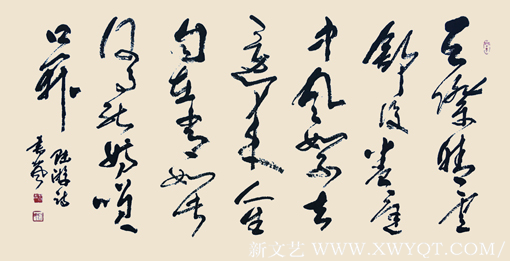 行草 陆游诗《天际晴云舒复卷，庭中风絮去还来。人生自在常如此，何事能妨笑口开》138cm×69cm